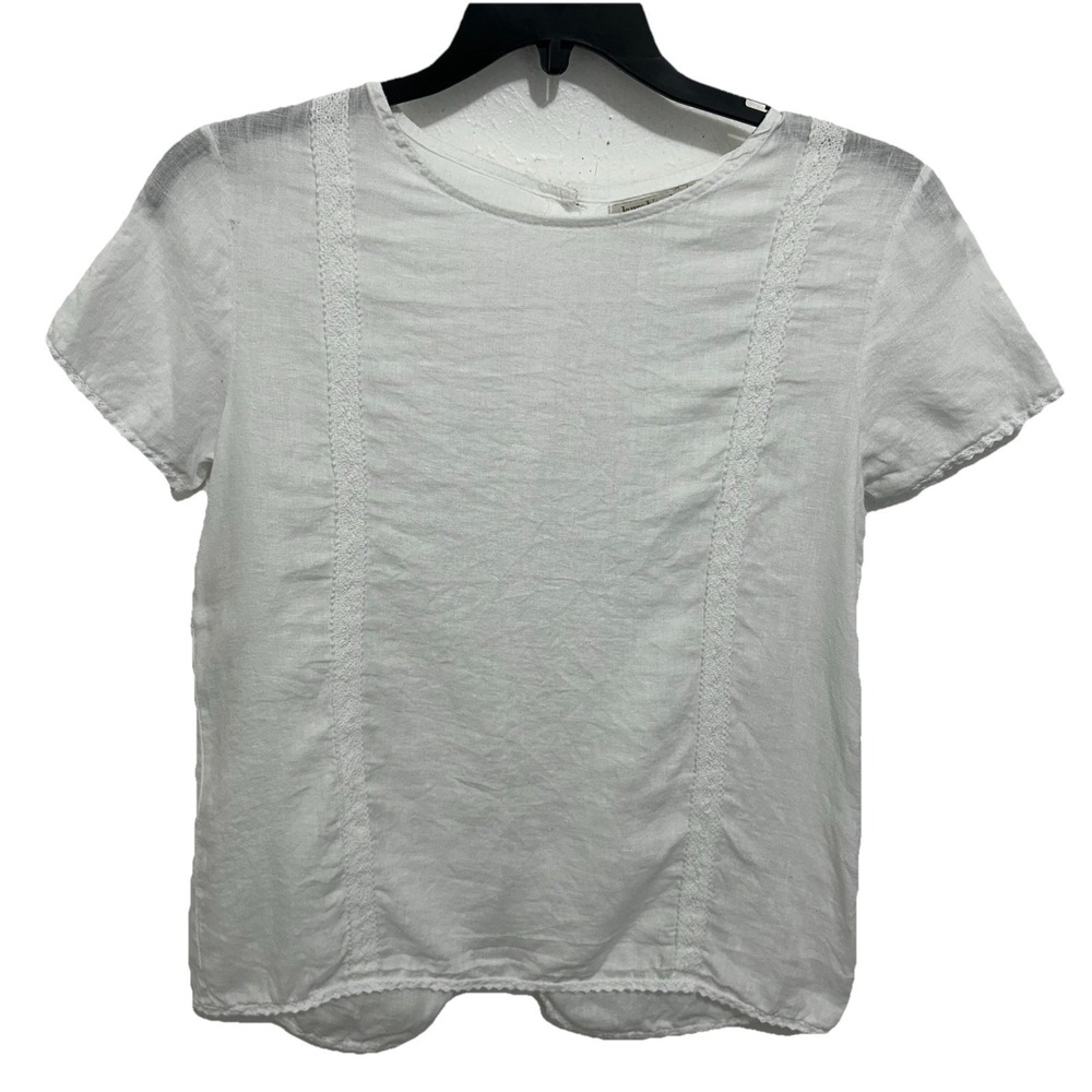 Laura Bianchi Linen Top White Italy Lace Trim Button Back Boho Lagenlook Size M